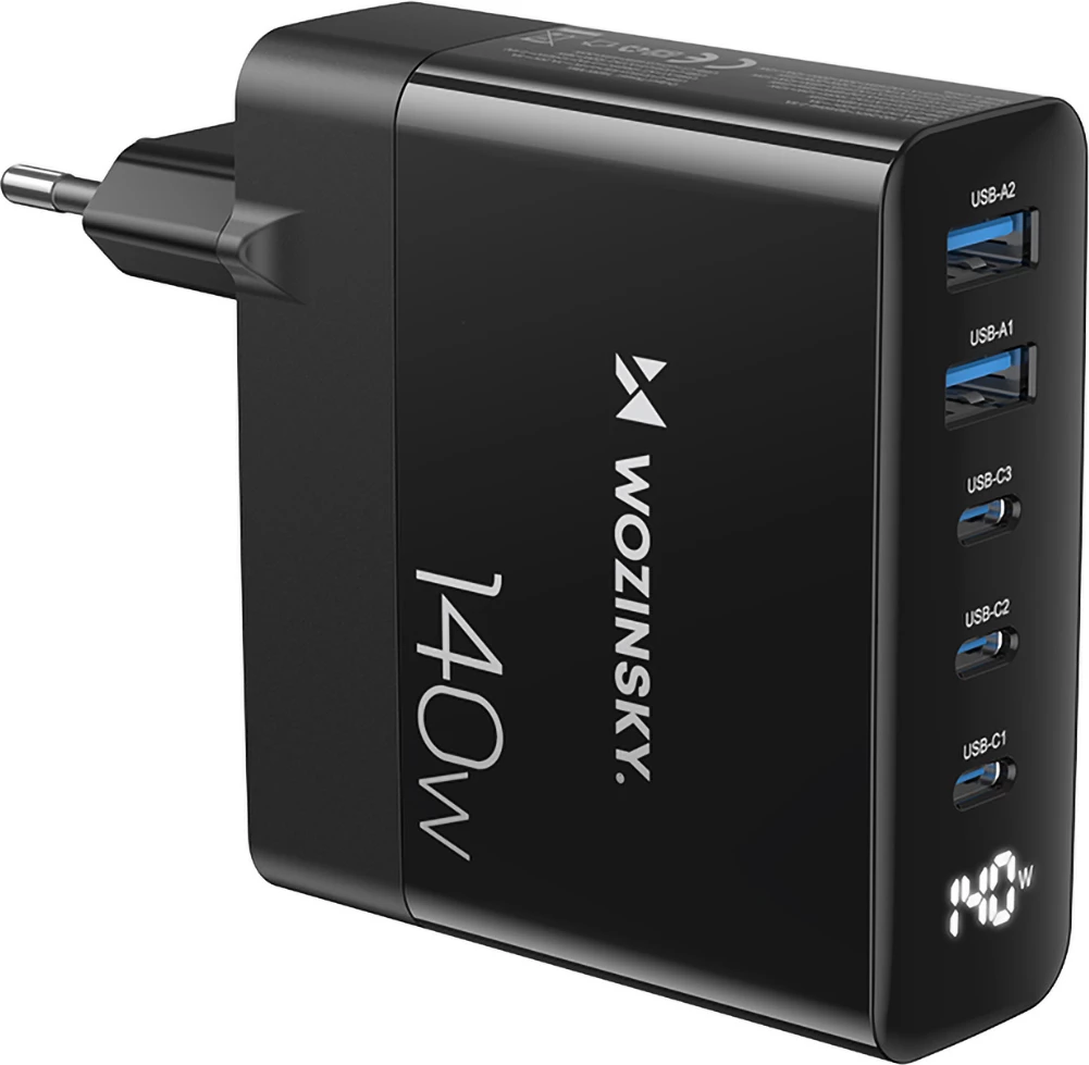 Stenski polnilec 140W, 3x USB-C, 2x USB-A, črn, Wozinsky CGWCB