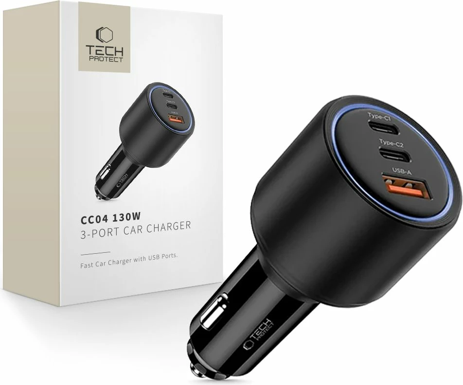 Avtomobilski polnilec, Tech-Protect CC04, 3 vhodi, 130W, črn