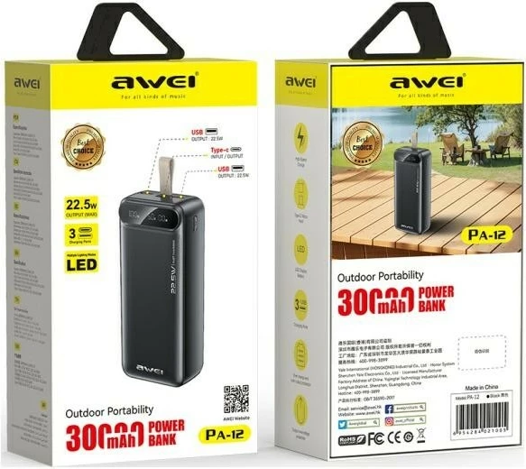 Power bank AWEI PA-12, 30.000mAh, 22,5W, LED zaslon, črn