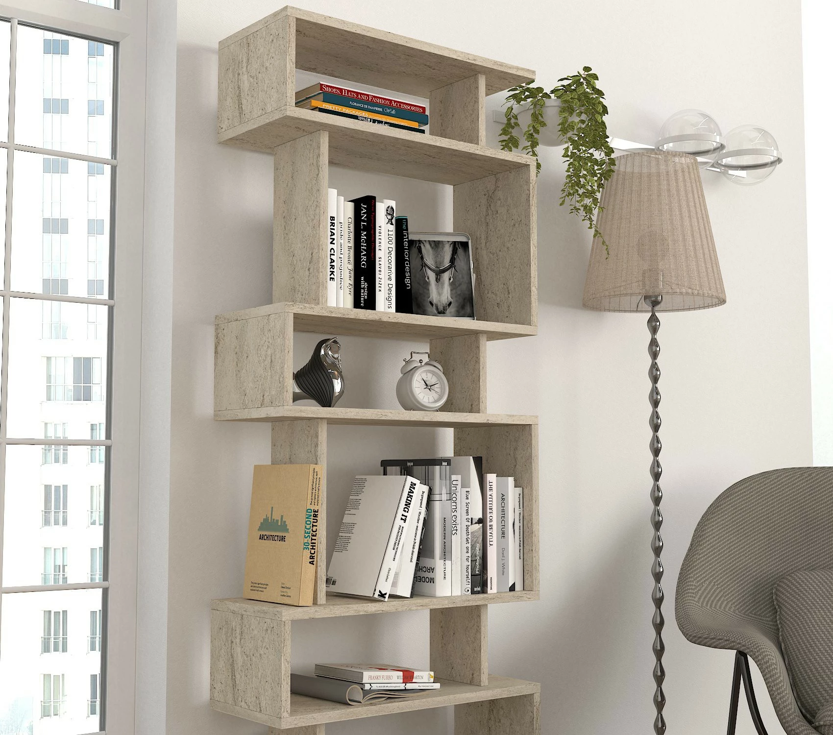 Raft za knjige z videzom marmorja Hanah Home, travertin, 60x165x19,5 cm