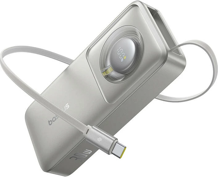 Powerbank 10000 mAh, 30 W z vgrajenim kablom Baseus OS Free2Pull, siva