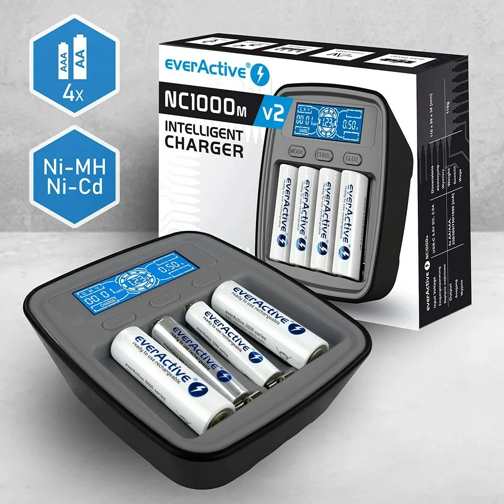 Polnilec baterij everActive NC1000MV2, USB-C, za AAA, črn