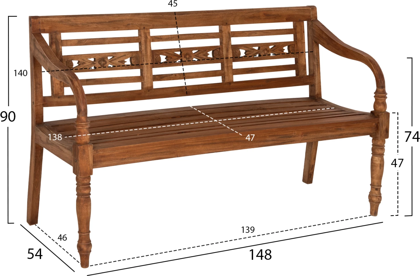 Zunanja klop FH7903 iz masivnega mahagonija v naravni barvi z naslonjalom in rokami 148x54x90Hcm