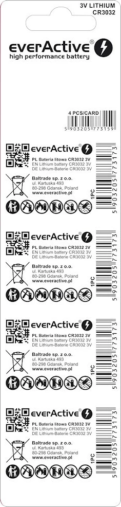 Litijeva baterija CR3032 everActive, komplet 4 kosov