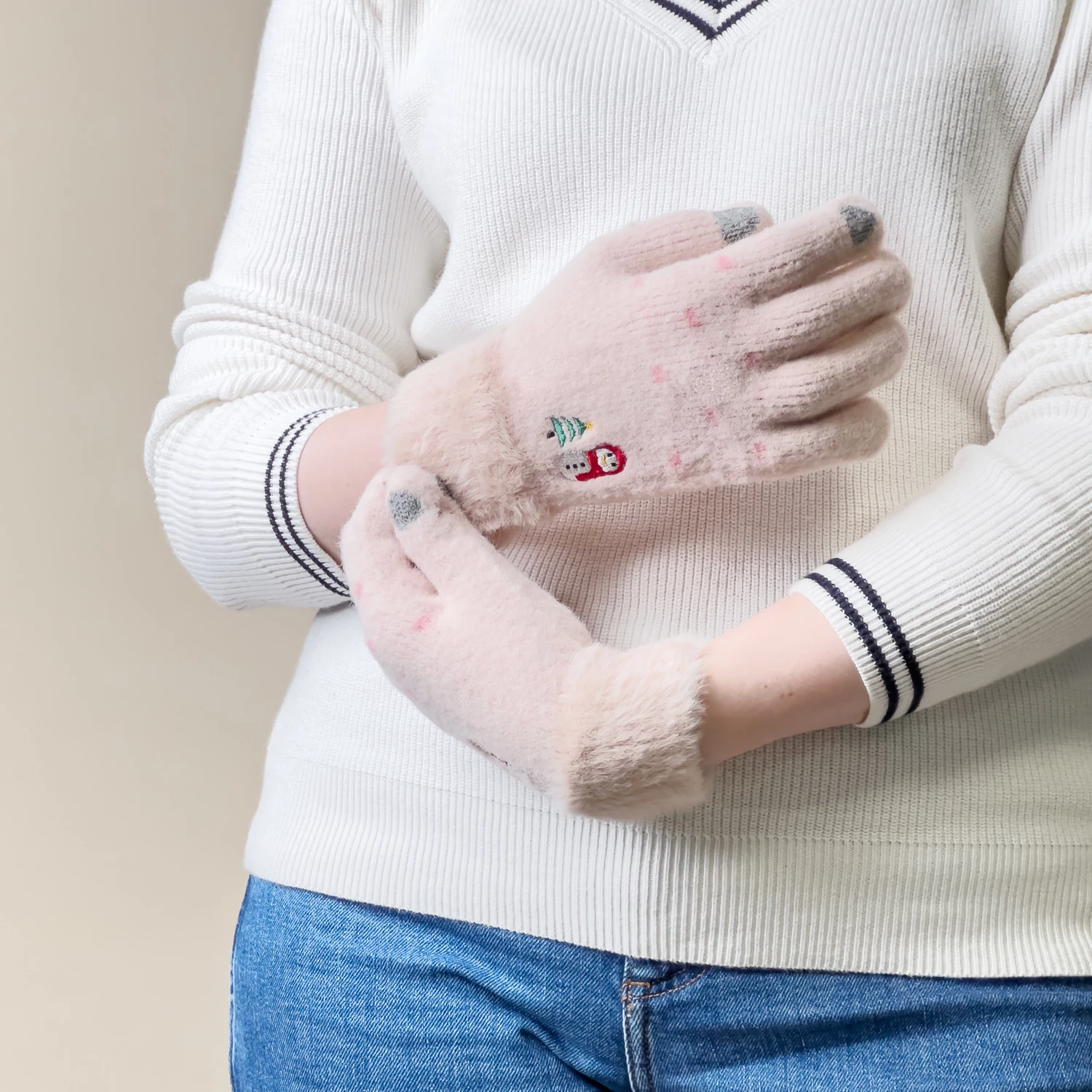 Zimske rokavice za ženske Hurtel, z zaslonom na dotik, vzorec snežinke in božično drevo, bež