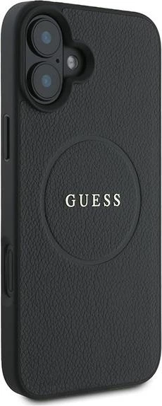 Zaščitni ovitek z zlatim logotipom Guess Grained Gold Ring MagSafe za iPhone 16 Plus, črn