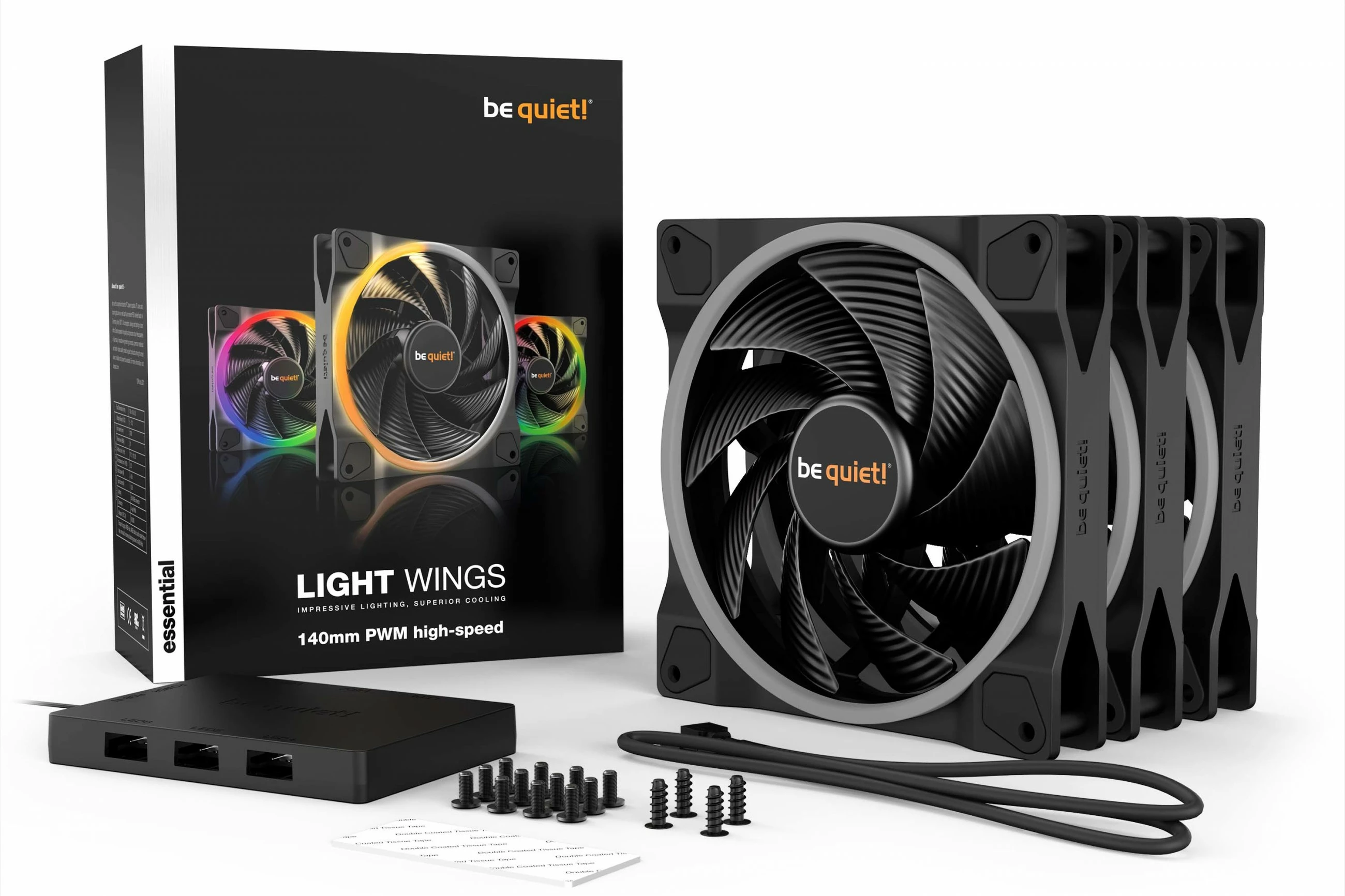 Ventilatorji ohišja Light Wings 140 mm PWM ARGB, Be Quiet!, paketno 3, črni