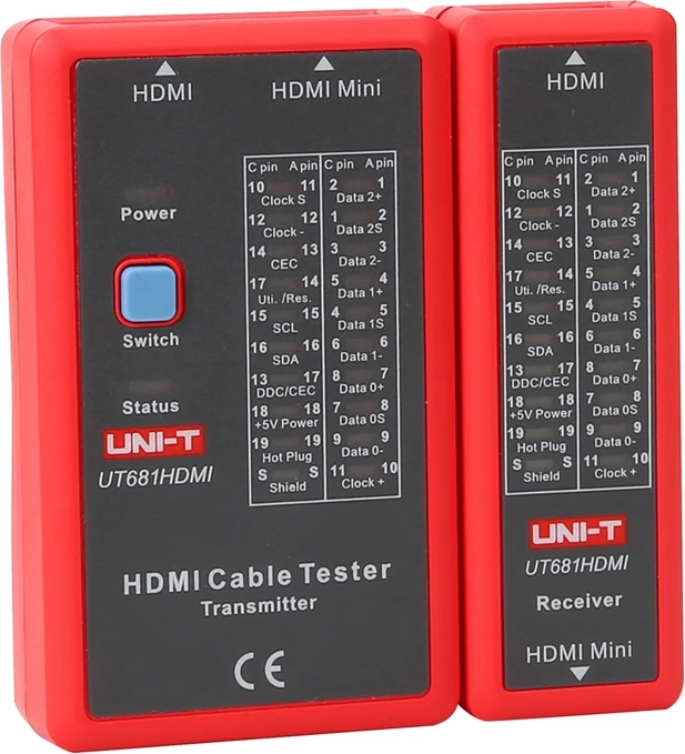Tester kablov HDMI UNI-T UT681HDMI, LED 19 pinov, 3 načini testiranja (fast/scan/full), podpora Mini HDMI, baterija 9V, rdeče-siv, komplet oddajnik + sprejemnik