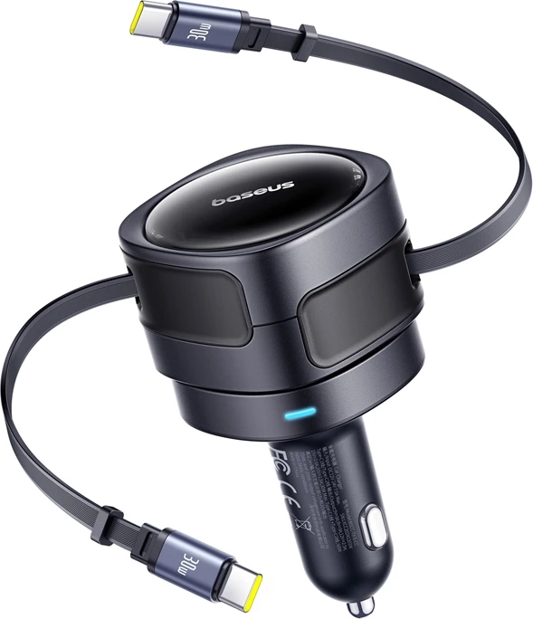 Polnilec za avto z dvema integriranima USB-C kabloma, 60 W, črn, Baseus Enjoyment Max