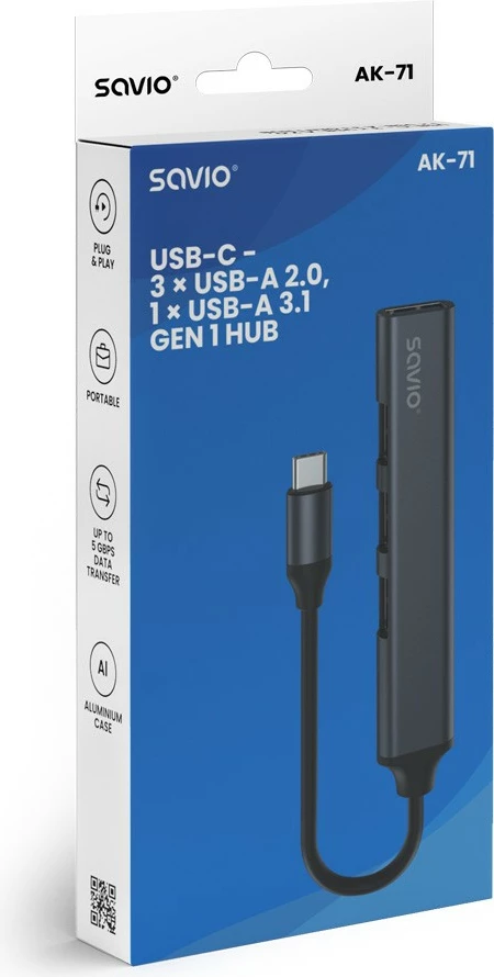 USB-C razdelilec Savio AK-71, 4 vrata (3x USB-A 2.0, 1x USB-A 3.1 Gen 1), siv