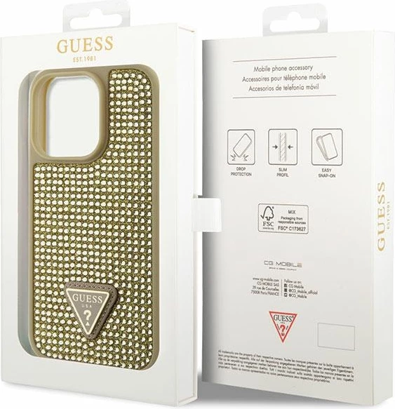 Zaščitni ovitek z okraski Guess GUHCP14LHDGTPD za iPhone 14 Pro 6,1", Rhinestone Triangle, zlato