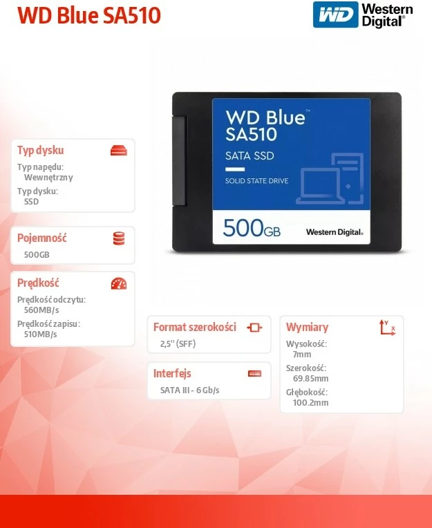 SSD 500 GB, 2,5-palčni, SATA, črn, Western Digital WD Blue SA510