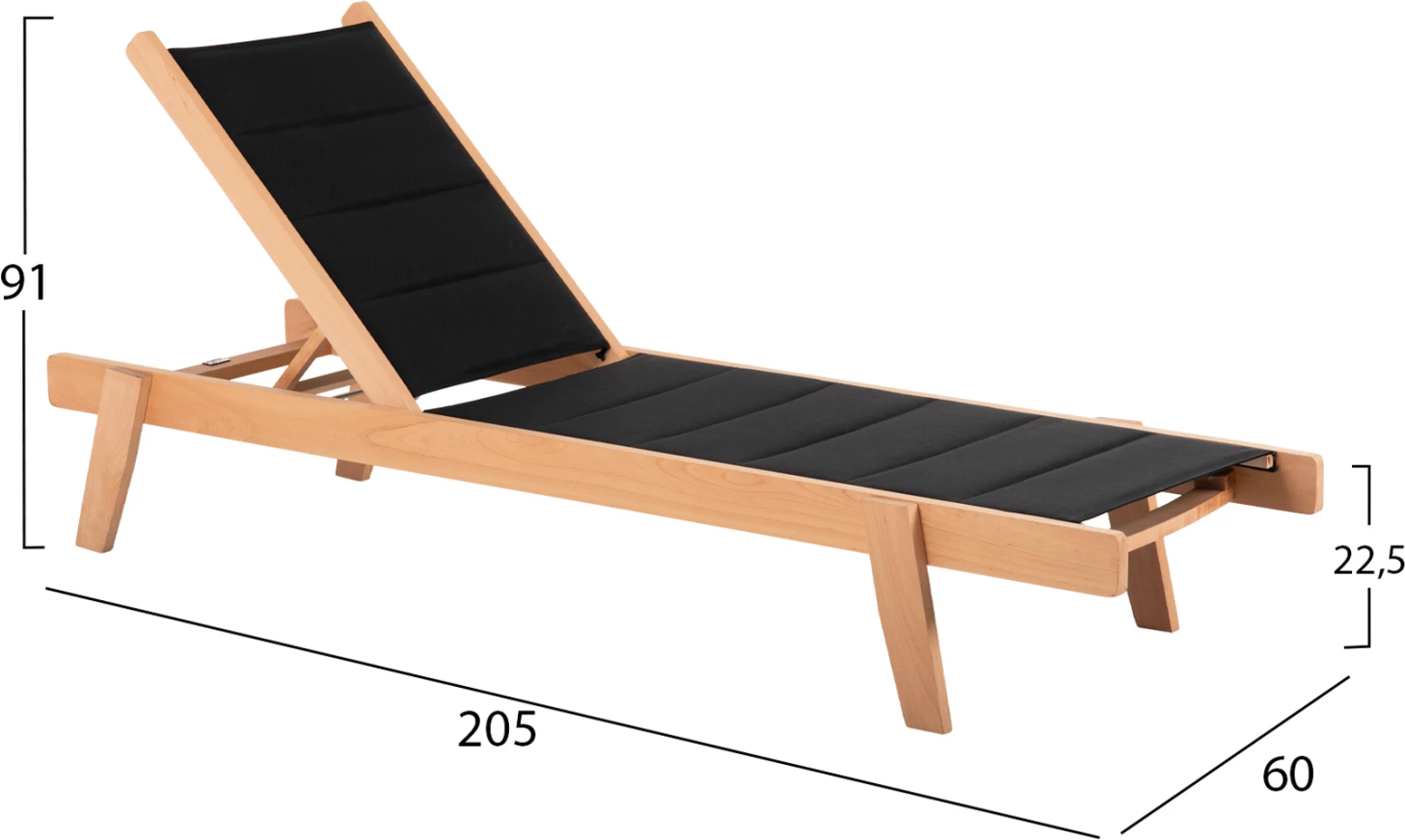 Plažni ležalnik MILOS FH10650.03 iz bukovega lesa v naravni-črni tekstilenski prevleki 204x65x31,5-92,5H cm.91Hcm.