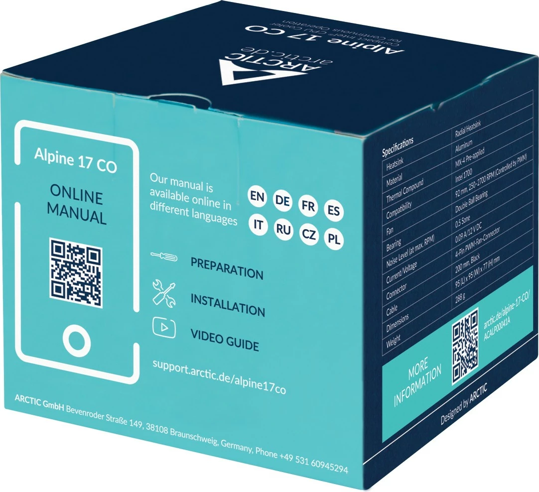 Zračno hlajenje ARCTIC Alpine 17 CO, 9,2 cm, 250–2700 RPM, 0,3 sone, črno/srebrno