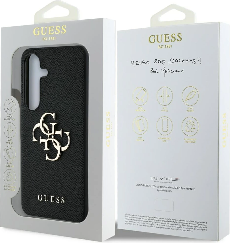 Ovitek za telefon za Samsung Galaxy S25, črn — Guess Grained Big 4G Small Classic Logo