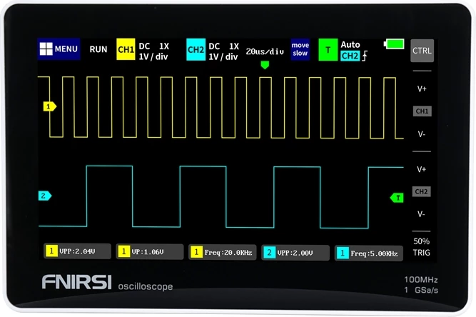Prenosni tablični osciloskop FNIRSI 1013D, 2-kanalni 100 MHz 1 GSa/s, 7" zaslon na dotik, 1 GB pomnilnika, baterija 6000 mAh