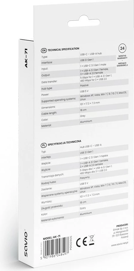 USB-C razdelilec Savio AK-71, 4 vrata (3x USB-A 2.0, 1x USB-A 3.1 Gen 1), siv