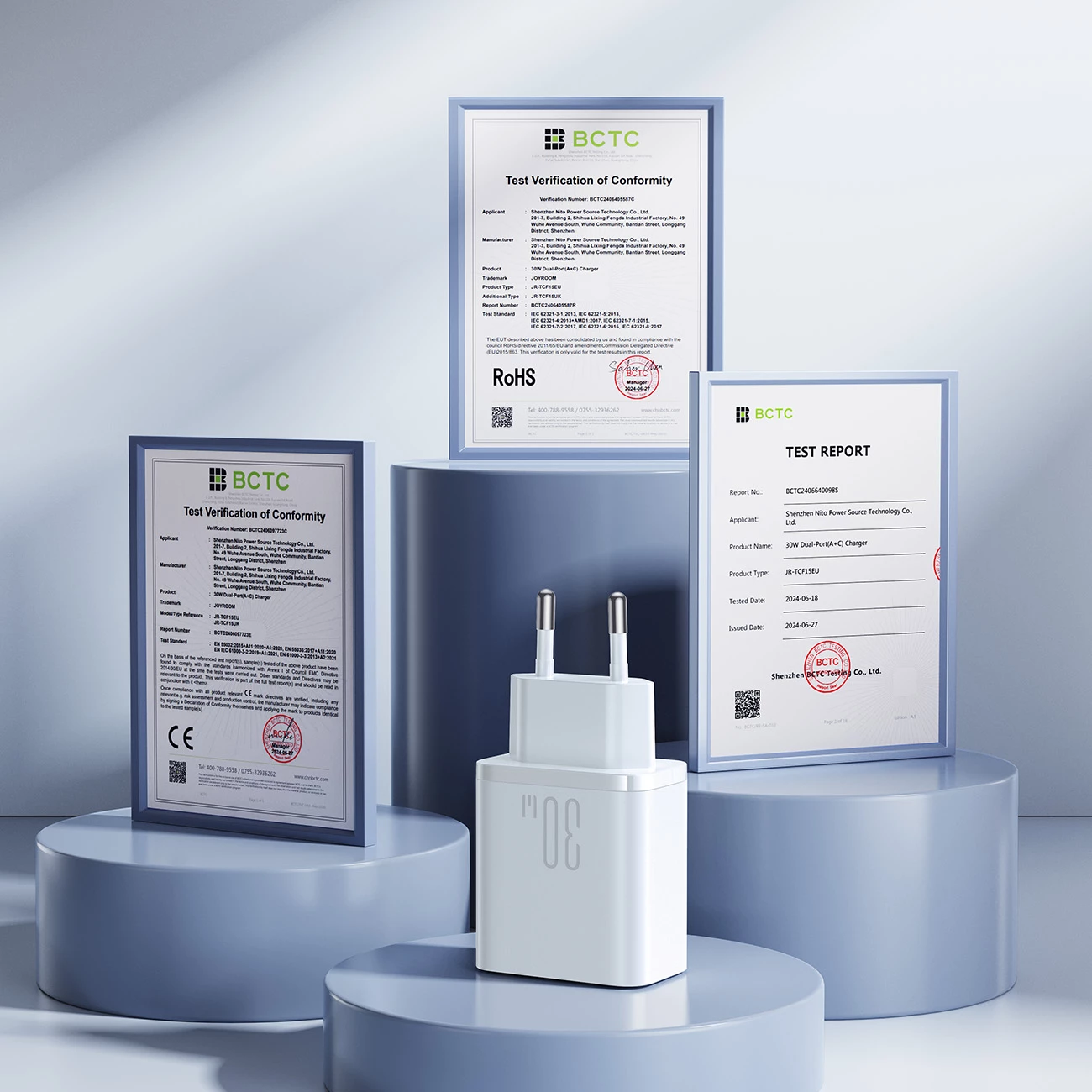 Stenski polnilec Joyroom JR-TCF15, 30W, USB-C/USB-A, 2 vrata, EU vtič, bel