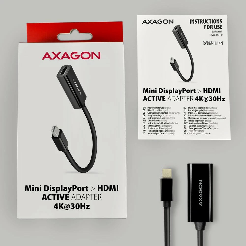 Aktivni adapter Mini DisplayPort na HDMI AXAGON RVDM-HI14N, 4K/30Hz, črn