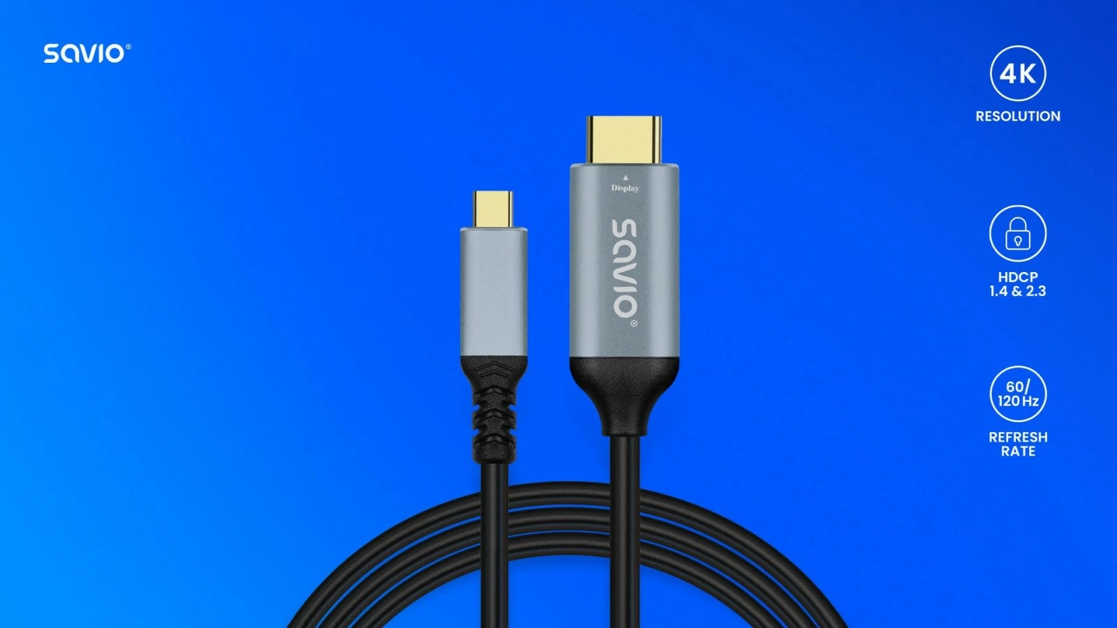 Kabel USB-C na HDMI, 3 m, siv Savio CL-184