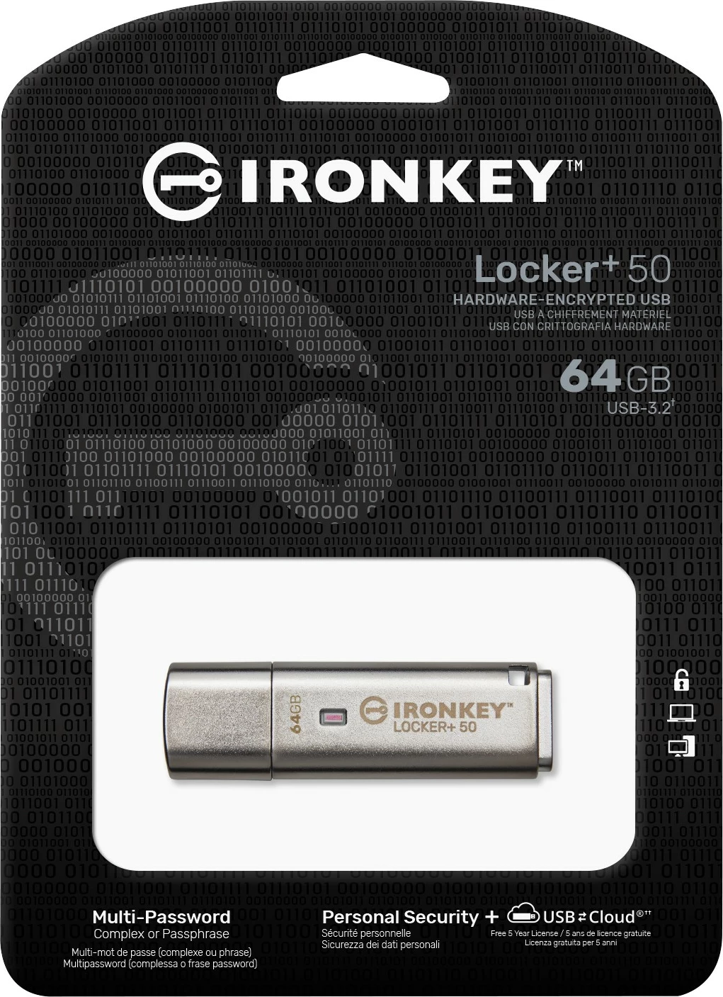 USB ključek za shranjevanje z varnostjo Kingston IronKey Locker+ 50, 64 GB, USB 3.2, šifriranje, srebrn