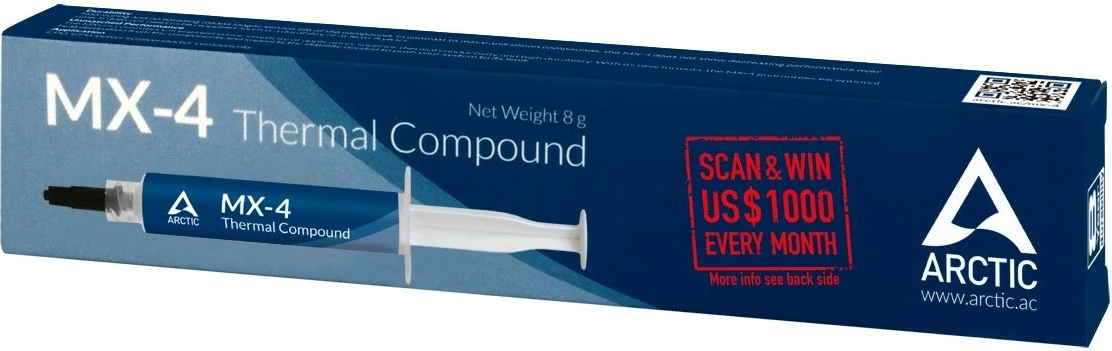 Toplotna pasta ARCTIC MX-4 (8 g) izdaja 2019, 8,5 W/m·K, 2,5 g/cm³, modra, bela
