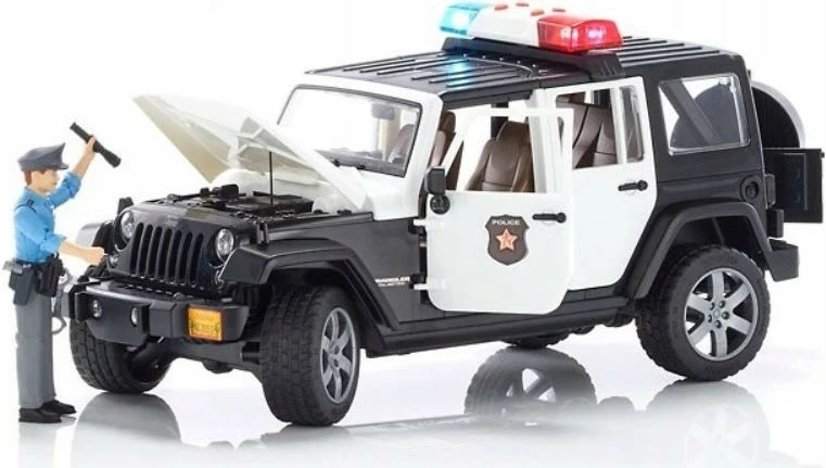 Igrača avtomobil Jeep Wrangler Rubicon BRUDER BR-02526 s policijsko figurico, bel/črn
