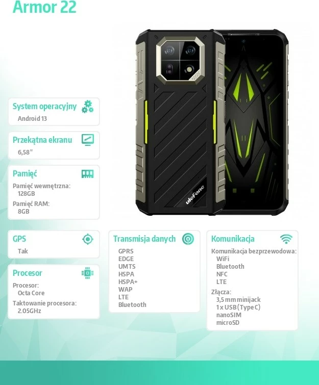 Pametni telefon Ulefone Armor 22, 8/128 GB, IP69K, zelen