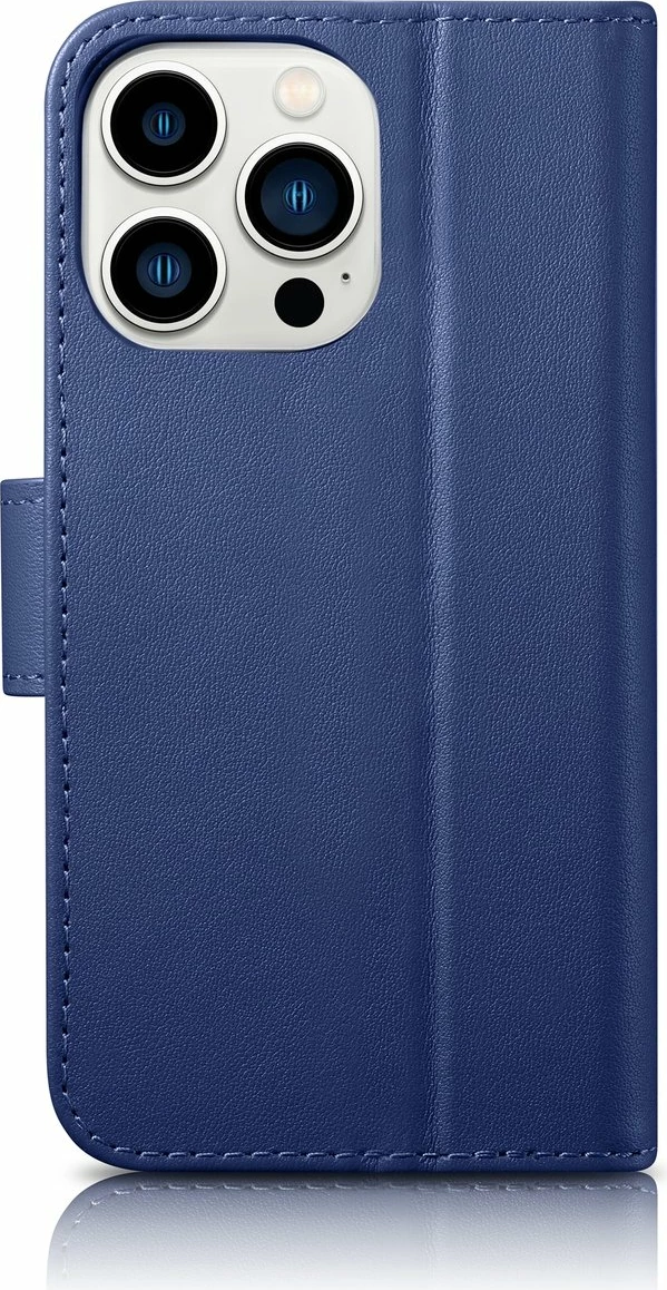 Ovitek za telefon 2-v-1 z denarnico, naravno usnje, Anti-RFID, modra, iCarer Wallet Case za iPhone 14 Pro