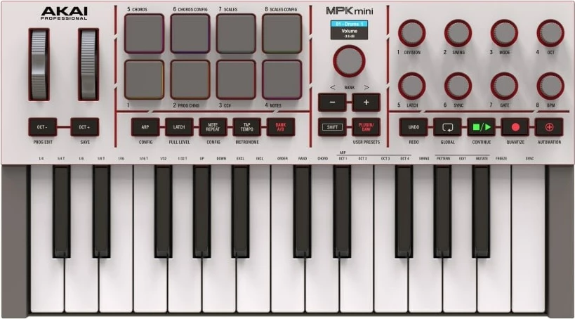 Kompakten MIDI kontroler AKAI MPK Mini MK4, 25 tipk, 8 padov, 8 gumbov, USB, bel