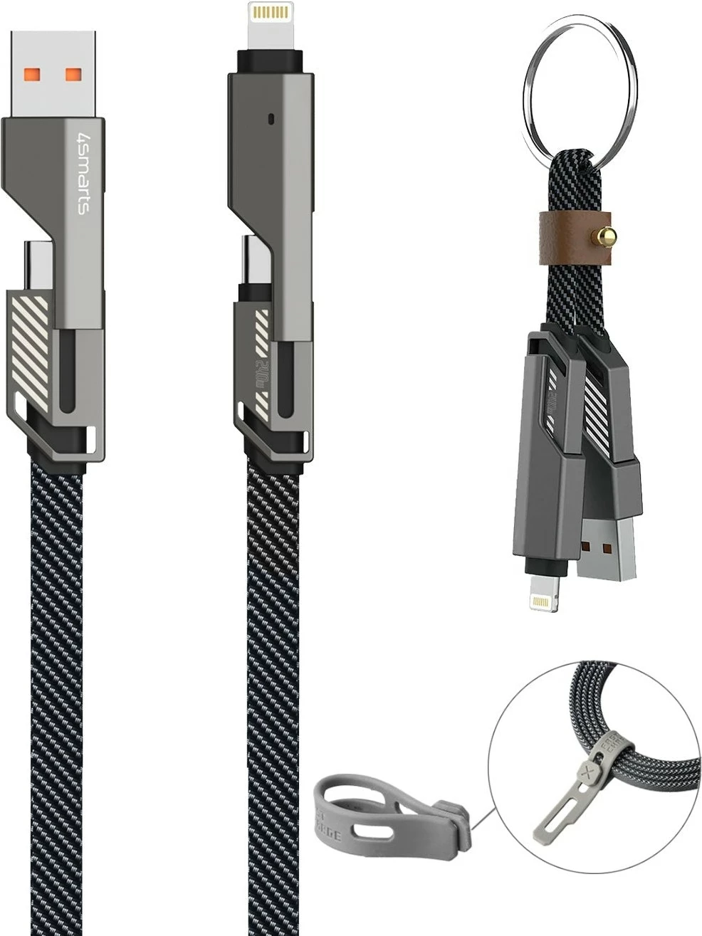 Kabel USB-C 4smarts ComboCord Flat 240W 1,5 m s prstanom za ključe, črn