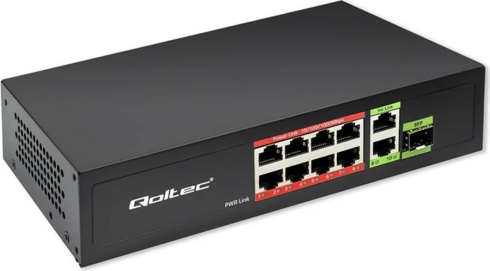 Omrežni preklopnik Qoltec 52297, 8x RJ45 PoE, 2x RJ45 uplink, 1x SFP, 120 W, 1000 Mb/s, črn