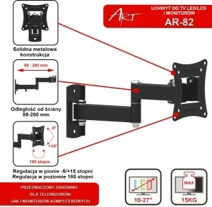 Stenski nosilec za TV/monitor ART RAMT AR-82, 10–27 palcev, 15 kg, kovinski, črn