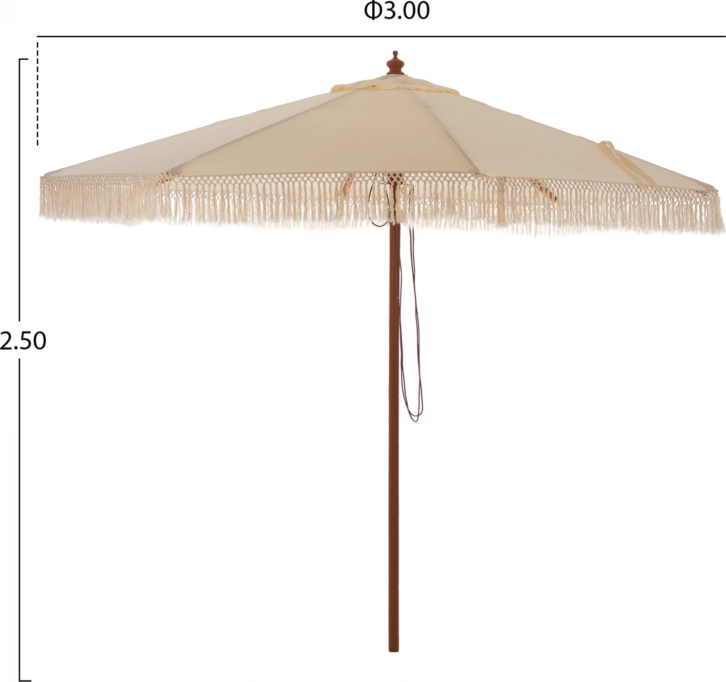 Luksuzni senčnik z resicami Wagner FH5776.01, bež, lesen drog, Φ3X2.50Hm