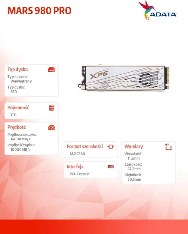 Notranji SSD Adata XPG MARS 980 PRO, 1 TB, M.2 2280, PCIe 5x4