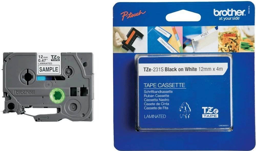 Laminiran trak za etikete 12 mm x 4 m, črn na belem, Brother TZe-231S / TZE231S2