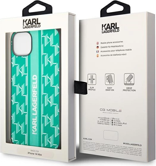 Ovitek za telefon Monogram Stripe, Karl Lagerfeld KLHCP14SPGKLSKN za iPhone 14 6,1", trdo ohišje, zelen