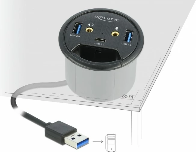 USB razdelilnik DeLOCK, 3 priključki: 1x USB Type-C, 2x USB Type-A, HD-avdio, črn