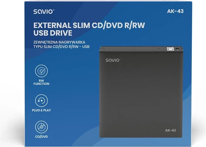 Zunanji optični pogon Savio AK-43, DVD±R/RW, CD±R/RW, črn