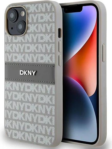 Ovitek za telefon DKNY Mono Stripe & Metal Logo za iPhone 15/14/13, 6,1", bež