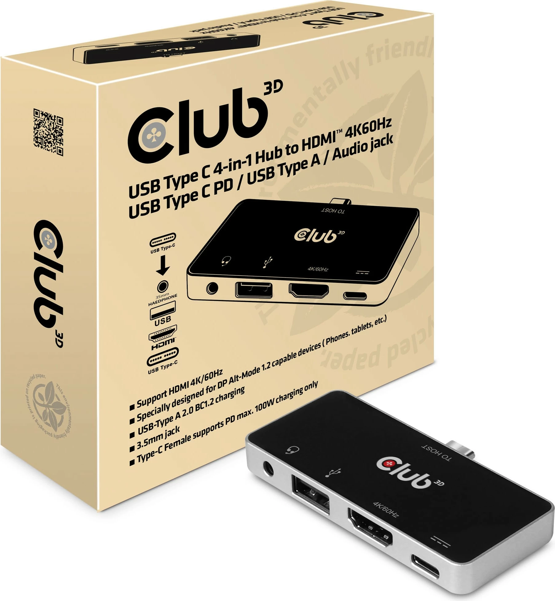 USB-C razširitveni HUB 4v1 Club3D, HDMI 4K60Hz, USB-A, USB-C, avdio, črn/krom