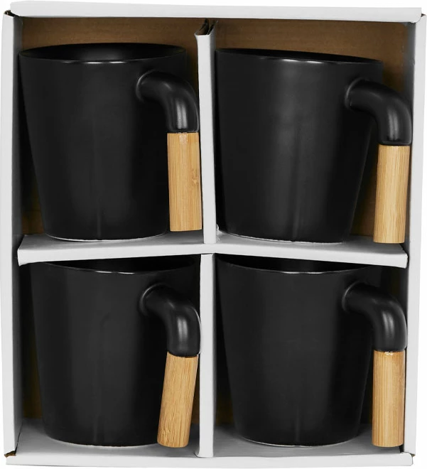 Set 4 skodelic iz črnega porcelana z bambusovim ročajem, 13x23x9 cm, Nordic