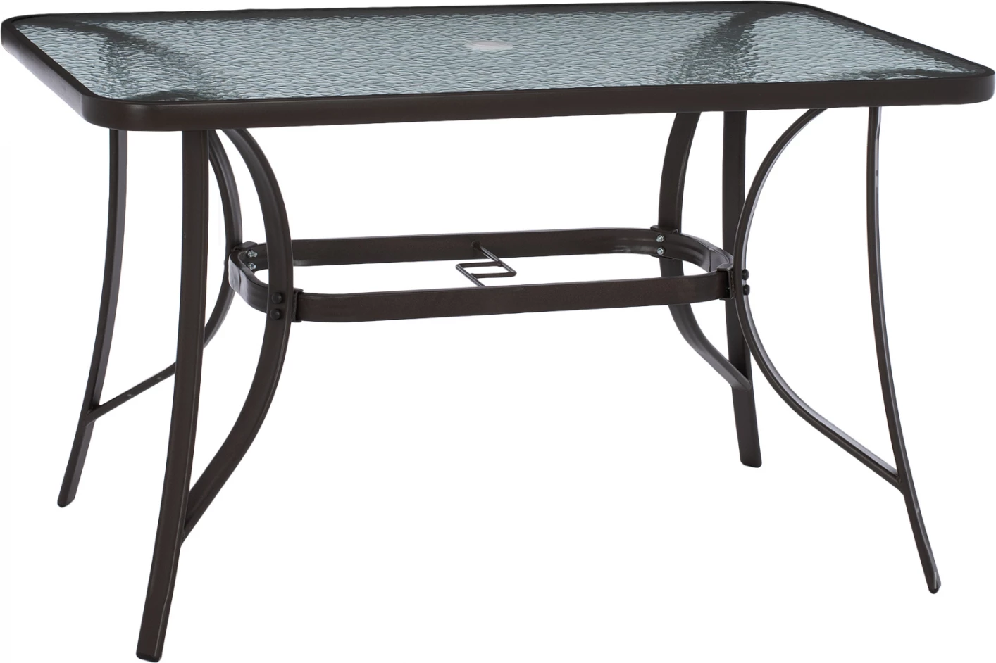 Zunanja miza rjave barve iz kovine in stekla z odprtino za dežnik 120Χ70Χ72Hcm.FH5021.12