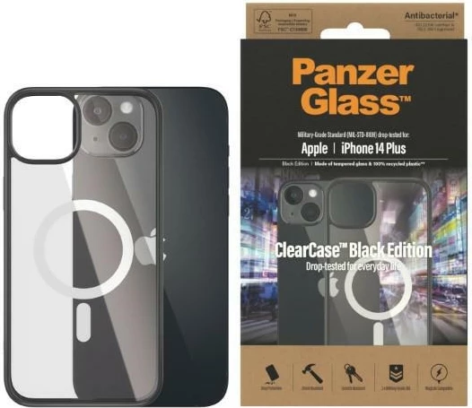 Ovitek za telefon z MagSafe, PanzerGlass ClearCase za iPhone 14 Plus / 15 Plus, prozoren in črn