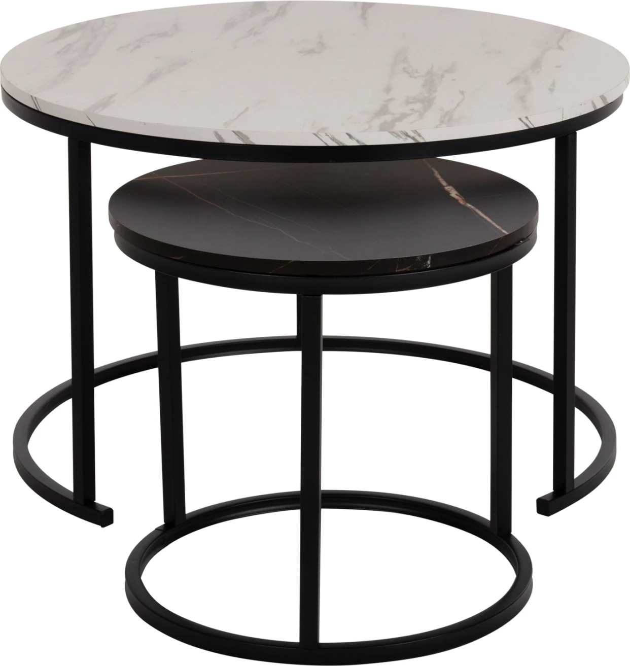 Klubska mizica FH8763.14 2-delni set MDF v videzu marmorja mešane barve s črnimi nogami Φ80-Φ48cm