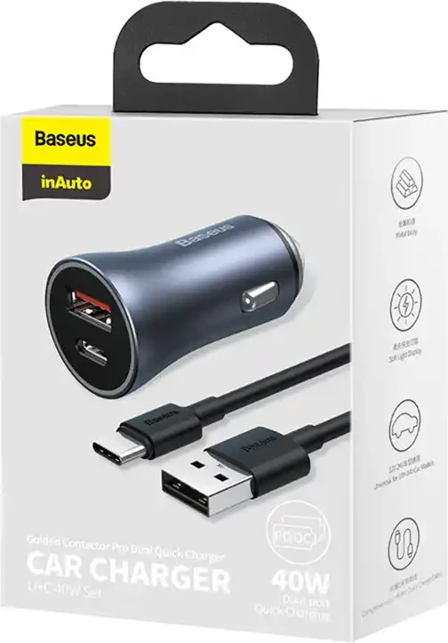 Avtomobilski polnilnik 40W, USB + USB-C, QC4.0+, PD, SCP, siv + USB–USB-C kabel 1 m, črn Baseus Golden Contactor Pro