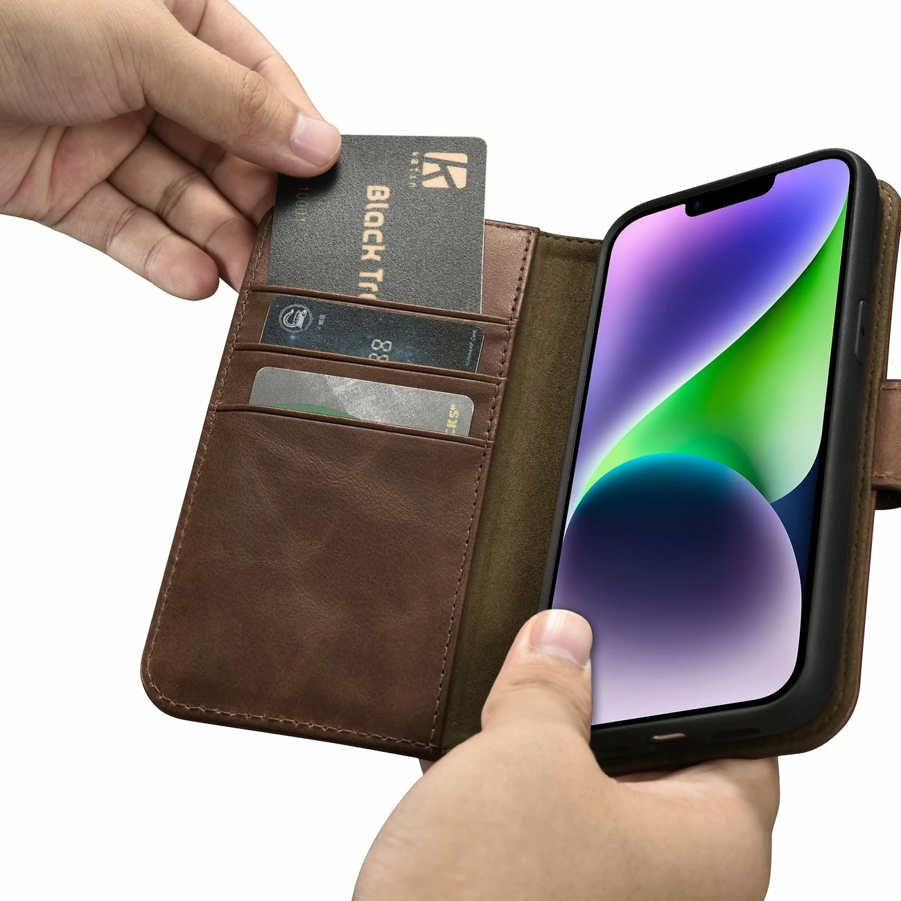 Ovitek 2-v-1 Oil Wax Wallet za iPhone 14 Plus, iCarer, naravno usnje, Anti-RFID, rjav