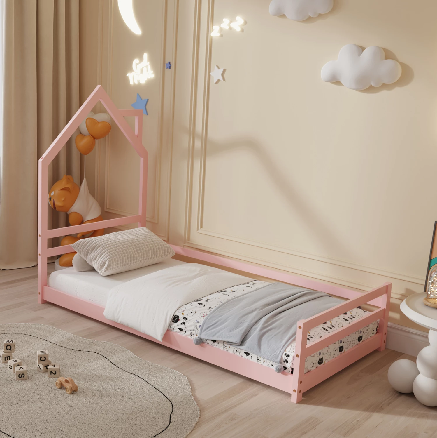 Postelja za otroke HOUSER FH676.06 t.MONTESSORI iz masivnega borovega lesa v roza barvi - 190x90cm