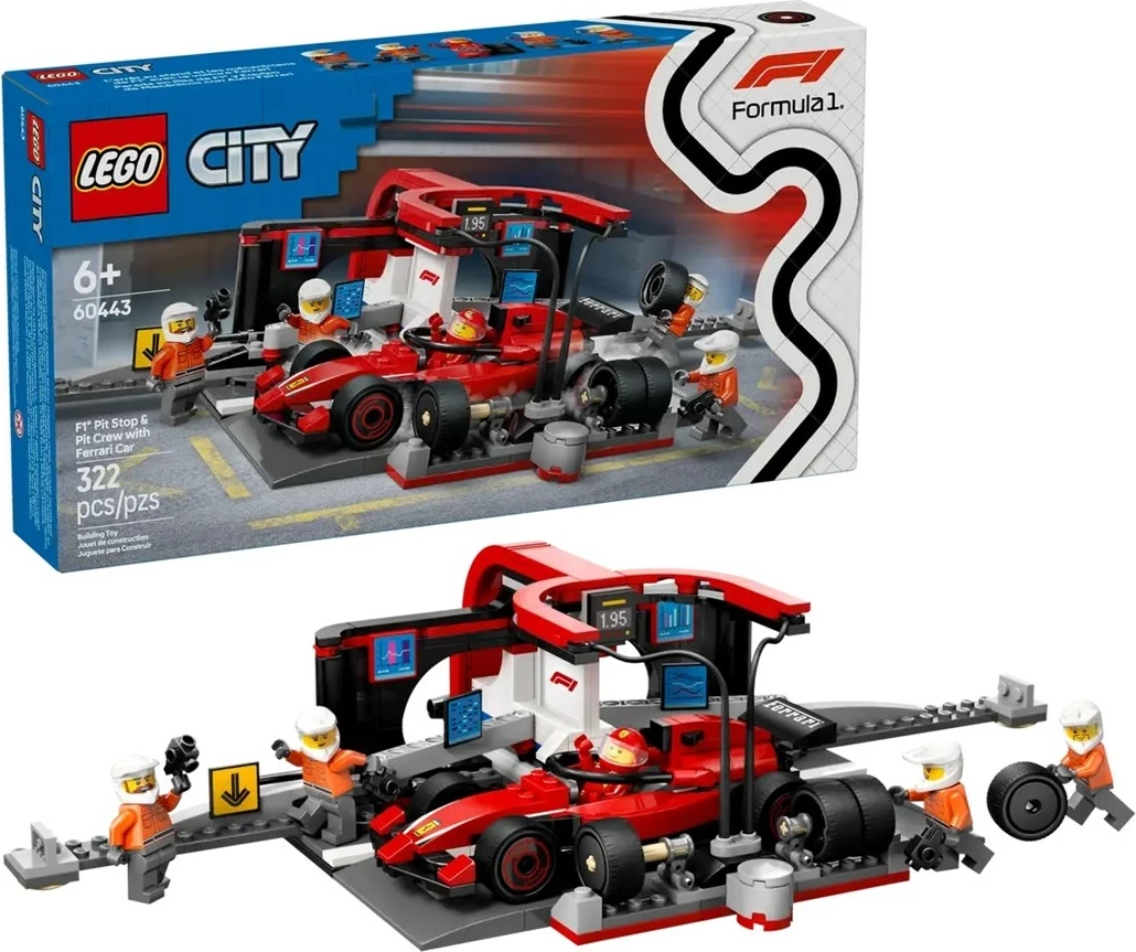 Set za dirke LEGO City, Pit Stop & ekipa za postanek z dirkalnikom Ferrari, rdeč – 60443