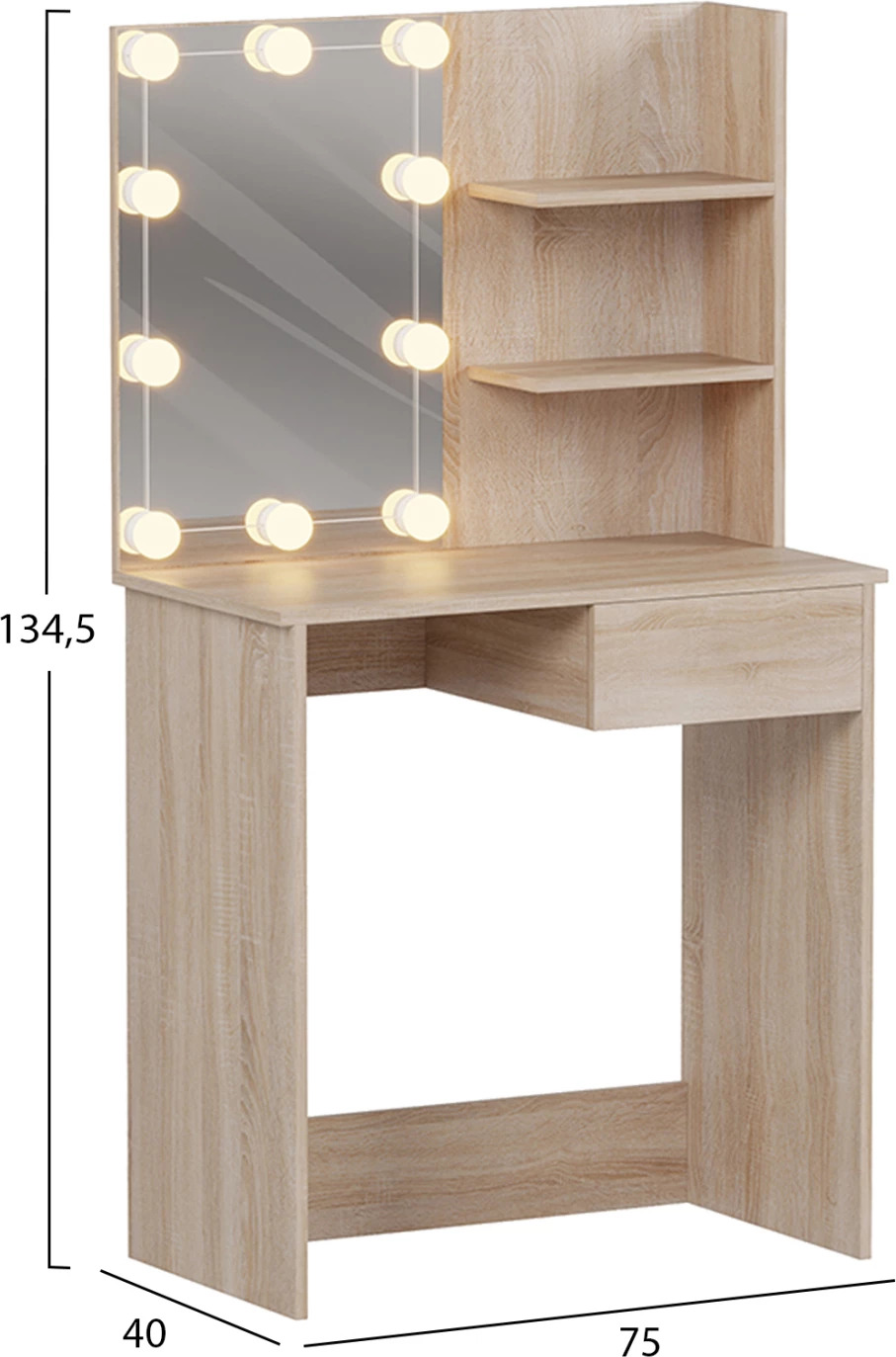 Tualetna mizica z LED lučmi in policami, LAURYN FH2501.01, melamin, barva SONAMA, 75x40x134.5H cm